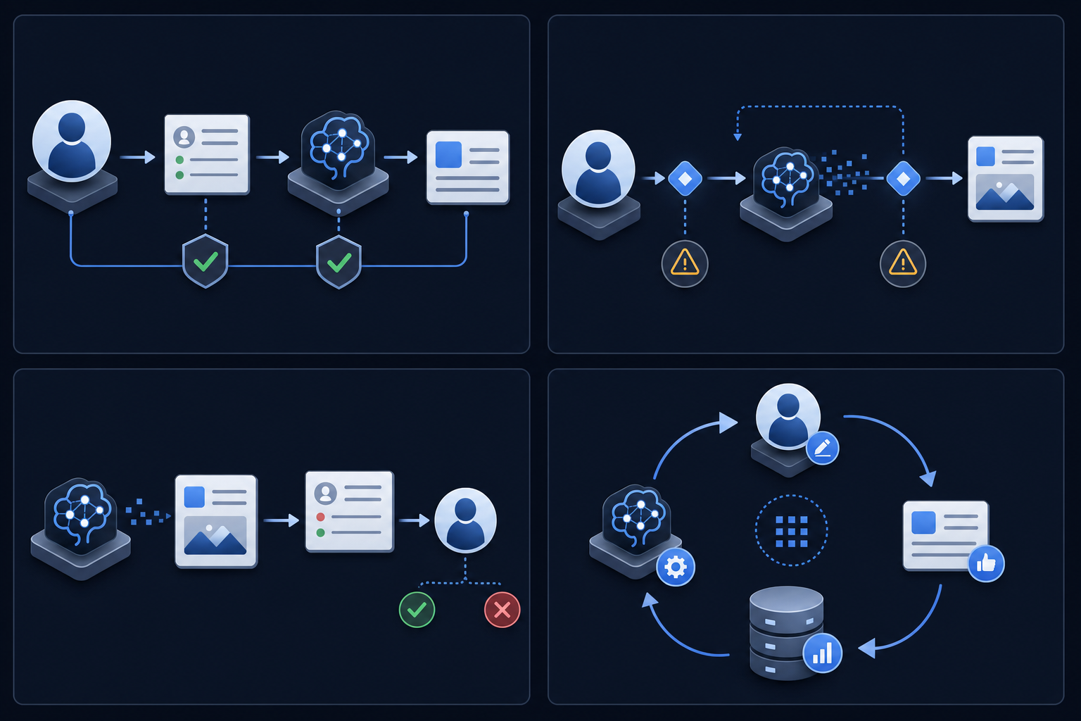 A clean technical diagram showing four distinct HITL workflow patterns arranged in a grid or flowing sequence. First pattern shows human review before AI action (pre-processing) with approval gates before AI starts. Second pattern shows human intervention during AI generation (in-process) with mid-flow checkpoints. Third pattern shows AI completing output first, then human audit after (post-processing) with review happening at the end. Fourth pattern shows a feedback loop with human corrections flowing back to improve the AI model over time, depicted with circular arrows. Use modern isometric or flat design style with a tech-focused color palette of blues, grays, and whites. Include simple icons like checkmarks, warning symbols, and directional arrows to show workflow flow. No text or labels.