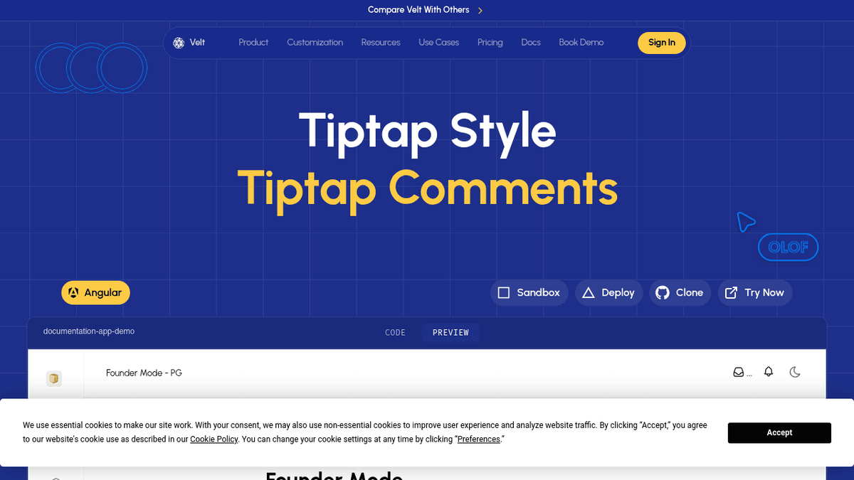 Velt Tiptap editor integration example showing advanced commenting features in a rich text editing environment