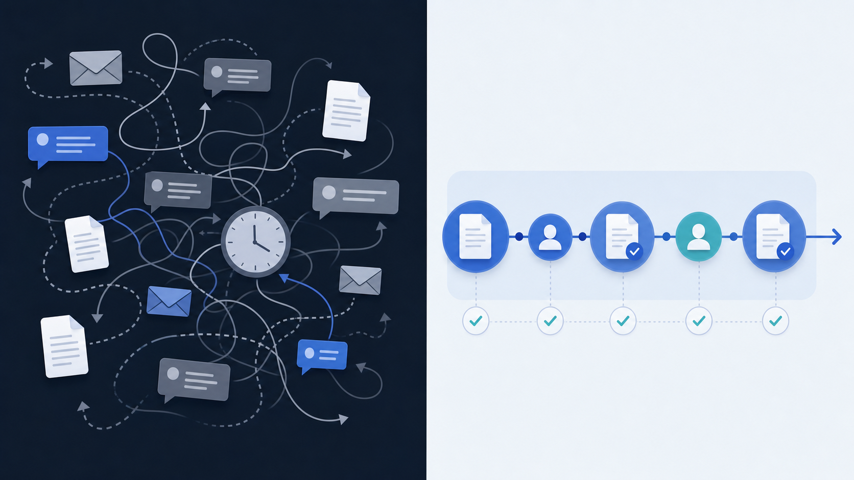 A split-screen illustration showing workflow chaos versus streamlined process. Left side: scattered email icons, message threads tangling together, document icons floating disconnected, clock showing time passing, arrows going in multiple directions creating confusion. Right side: clean linear workflow with documents flowing smoothly through connected nodes, organized approval checkpoints, single unified timeline. Modern flat design style, professional blue and gray color palette, minimal geometric shapes, abstract representation of document approval workflow