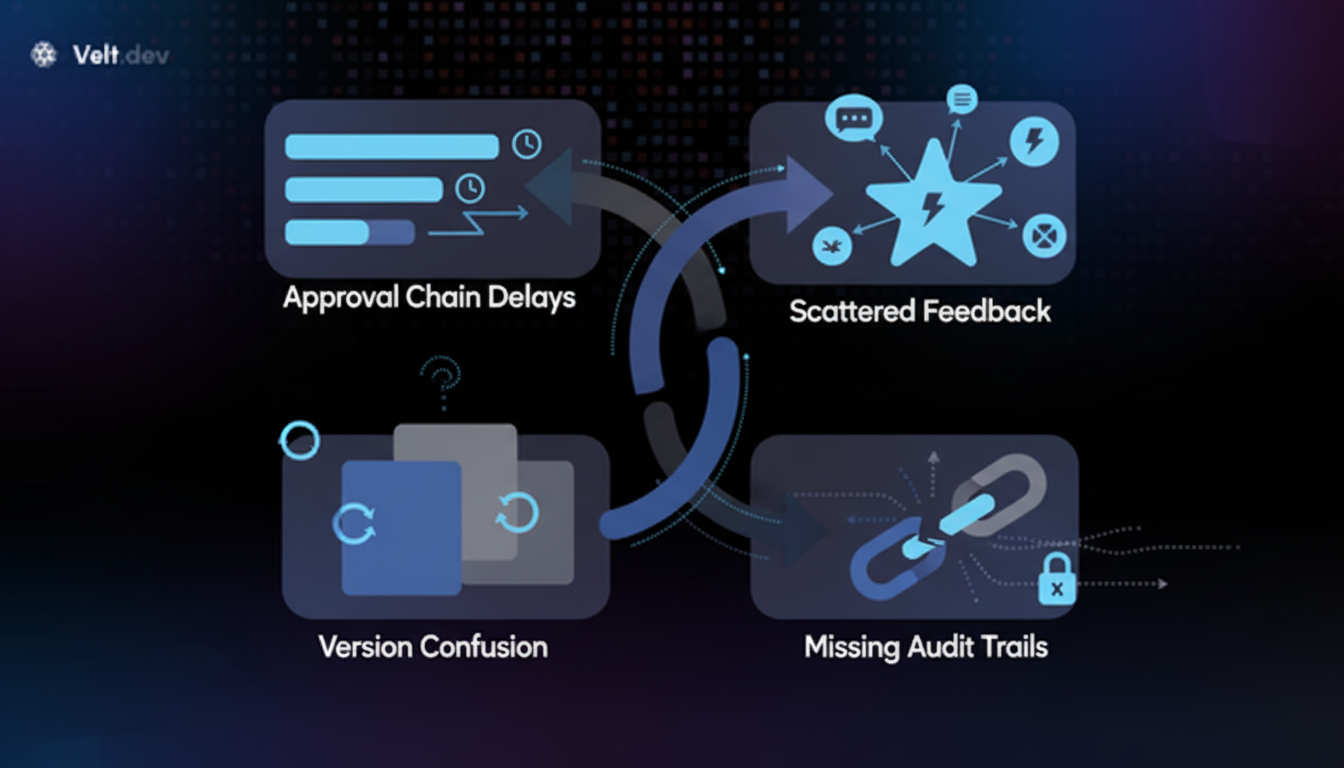 A modern minimalist diagram showing four interconnected bottleneck concepts in a content review workflow. Visual representation of approval chain delays with sequential waiting stages, scattered feedback across multiple channels, version confusion with multiple document variations, and missing audit trails. Use a clean tech illustration style with abstract shapes, flowing lines, and a professional color palette of blues and grays. Isometric or flat design style showing workflow congestion and process complexity.