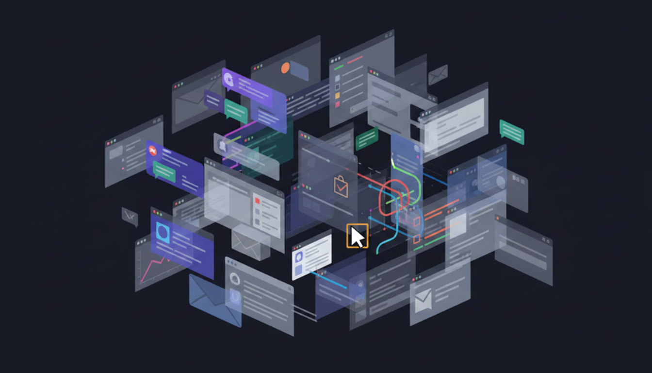 A conceptual illustration showing the chaos of context switching between multiple software applications. Visualize a fragmented workspace with overlapping browser windows and app interfaces creating a maze-like pattern. Show abstract representations of Slack, email clients, document editors, and project management tools scattered across a digital workspace. Use a color palette that conveys cognitive overload - blues, grays, and accent colors. The composition should feel cluttered and overwhelming, representing the mental tax of tool-switching. Modern, clean illustration style with a slightly abstract approach.