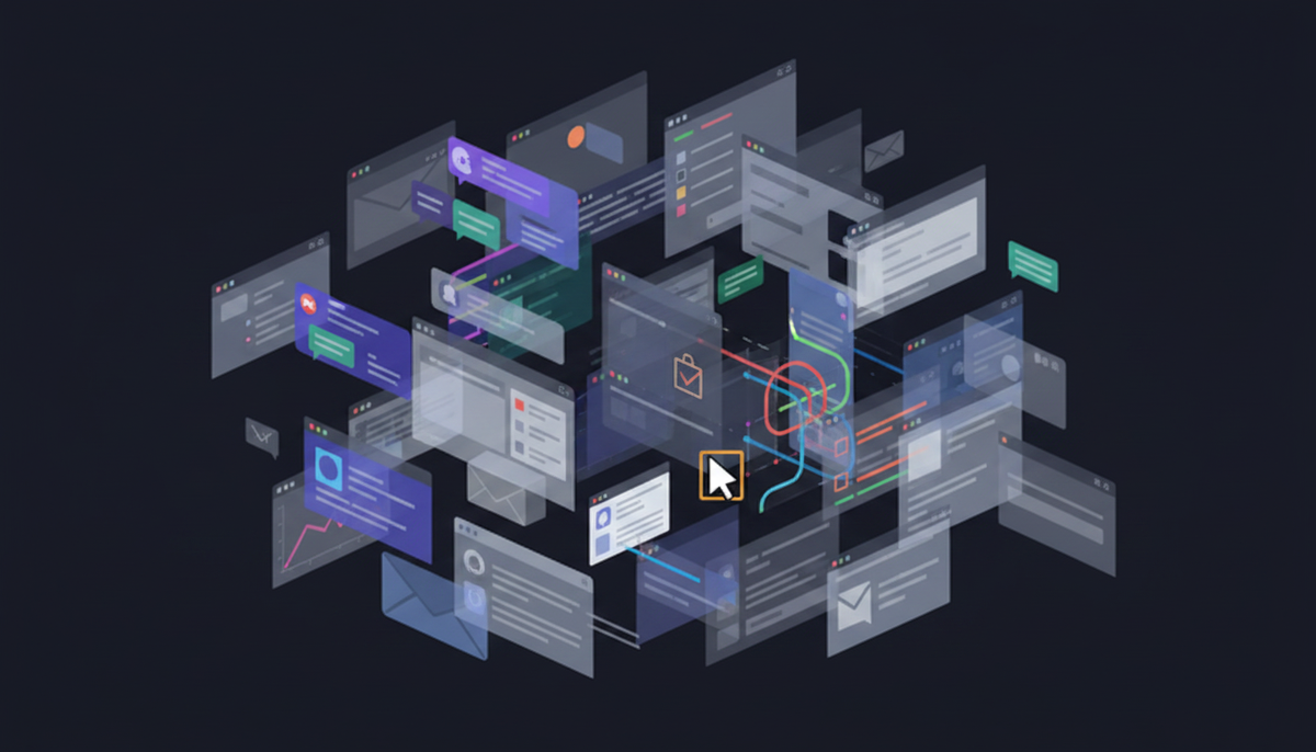 A conceptual illustration showing the chaos of context switching between multiple software applications. Visualize a fragmented workspace with overlapping browser windows and app interfaces creating a maze-like pattern. Show abstract representations of Slack, email clients, document editors, and project management tools scattered across a digital workspace. Use a color palette that conveys cognitive overload - blues, grays, and accent colors. The composition should feel cluttered and overwhelming, representing the mental tax of tool-switching. Modern, clean illustration style with a slightly abstract approach.