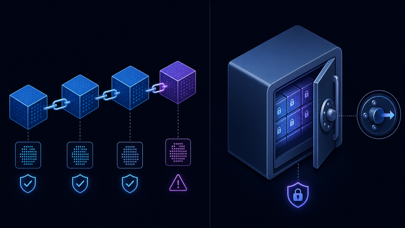 A technical diagram showing the difference between tamper-evident and immutable storage systems. On the left side, show a chain of connected data blocks with cryptographic hash links between them, representing tamper-evident logging with detection capability. On the right side, show a write-once storage vault with a one-way lock mechanism, representing immutable storage that prevents alterations. Use clean, modern technical illustration style with blue and purple tones, minimal design, no text or labels.