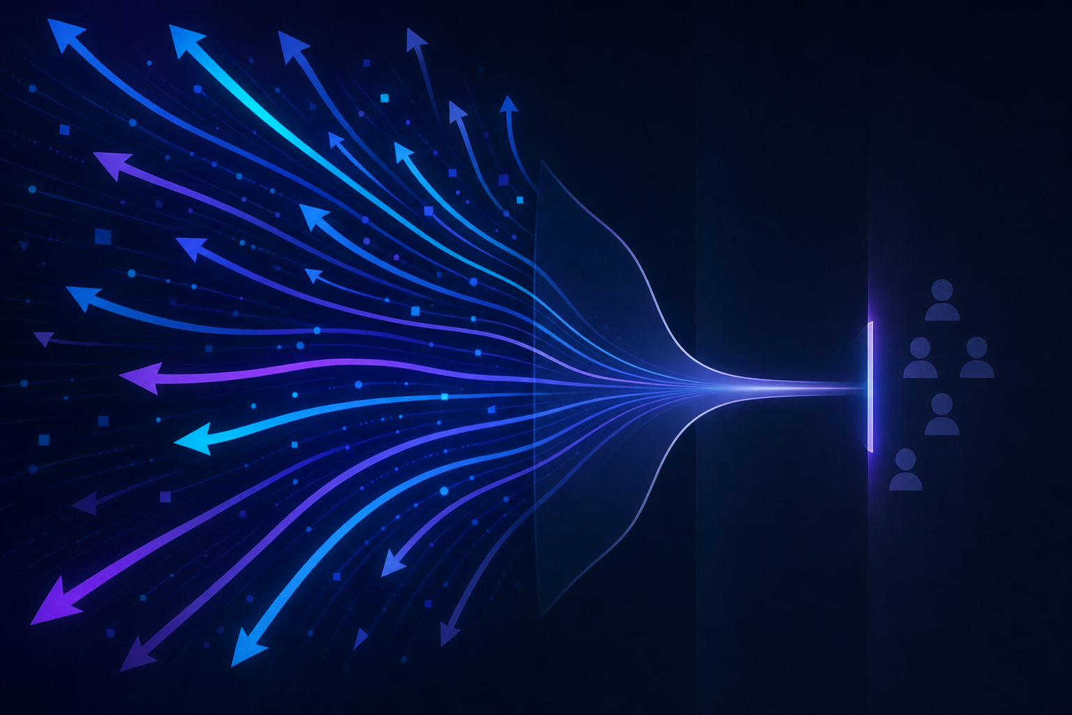 A conceptual illustration showing asymmetry between creation and review processes. On the left side, multiple fast-moving streams or arrows flowing rapidly upward representing content generation scaling infinitely. On the right side, a single narrow funnel or bottleneck representing the fixed human review capacity. Use a clean, modern, technical aesthetic with blues and purples. The image should convey the idea of unlimited output meeting limited processing capacity. Abstract, minimalist design suitable for a technical blog post. No text, words, or letters.