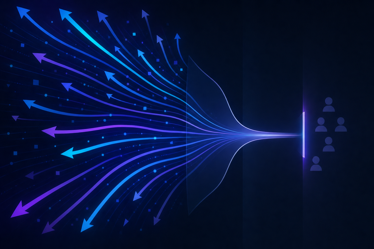 A conceptual illustration showing asymmetry between creation and review processes. On the left side, multiple fast-moving streams or arrows flowing rapidly upward representing content generation scaling infinitely. On the right side, a single narrow funnel or bottleneck representing the fixed human review capacity. Use a clean, modern, technical aesthetic with blues and purples. The image should convey the idea of unlimited output meeting limited processing capacity. Abstract, minimalist design suitable for a technical blog post. No text, words, or letters.