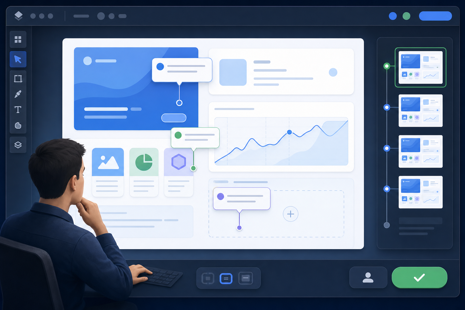 A clean isometric illustration showing an in-app approval workflow: a reviewer looking at a design mockup with inline comment bubbles anchored to specific elements, version history timeline visible on the side, approval button integrated directly in the interface, all contained within a single unified application window, modern professional style with blues and greens, no text or labels