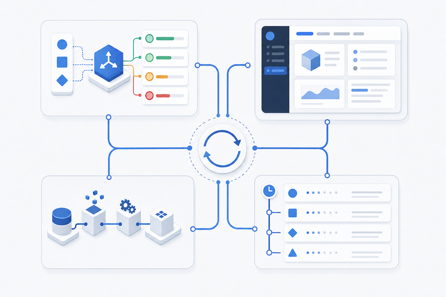 A clean, modern technical diagram showing four interconnected components of a workflow architecture: a routing trigger system with confidence threshold indicators, a review interface dashboard with inspection panels, a feedback loop with bidirectional arrows connecting to a data pipeline, and an audit trail with timestamped log entries. Use a minimal color palette with blues and grays, isometric or flat design style, no text or labels, abstract geometric shapes representing each component connected by flowing lines