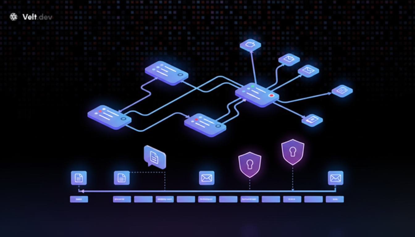 A clean technical diagram showing interconnected components of approval workflow infrastructure: state management nodes with status indicators, routing logic pathways with directional arrows, comment thread bubbles anchored to document elements, notification delivery system branching to multiple channels, audit trail timeline logs, and permission layer shields. Modern software architecture style with flowing connections between components, using blue and purple gradient tones, isometric perspective, minimalist design, no text or labels