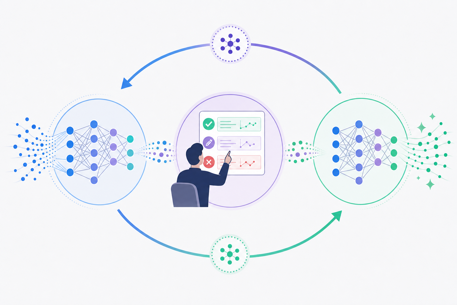 A clean technical diagram showing an active learning feedback cycle between humans and AI. Display a circular flow with three stages: AI model generating outputs on the left, human reviewer in the center examining and providing feedback (approving, correcting, or rejecting), and the feedback flowing back to improve the AI model on the right. Use arrows to show the continuous cycle. Include visual elements like a neural network representation, human silhouette with review actions, and data points flowing between stages. Modern minimalist style with blue, green, and purple accent colors on a light background. No text or labels.