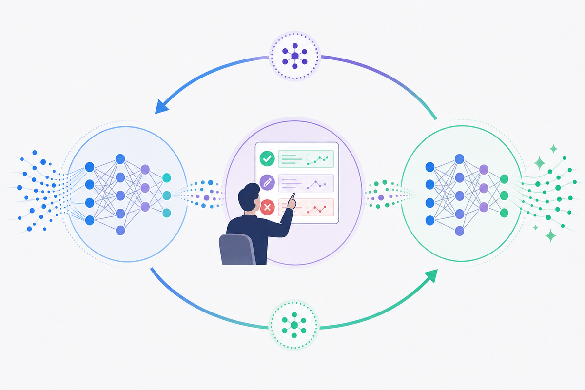A clean technical diagram showing an active learning feedback cycle between humans and AI. Display a circular flow with three stages: AI model generating outputs on the left, human reviewer in the center examining and providing feedback (approving, correcting, or rejecting), and the feedback flowing back to improve the AI model on the right. Use arrows to show the continuous cycle. Include visual elements like a neural network representation, human silhouette with review actions, and data points flowing between stages. Modern minimalist style with blue, green, and purple accent colors on a light background. No text or labels.