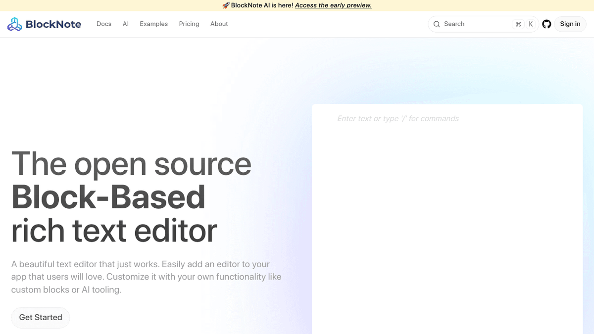 BlockNote official website homepage displaying live editor examples and feature demonstrations for React developers