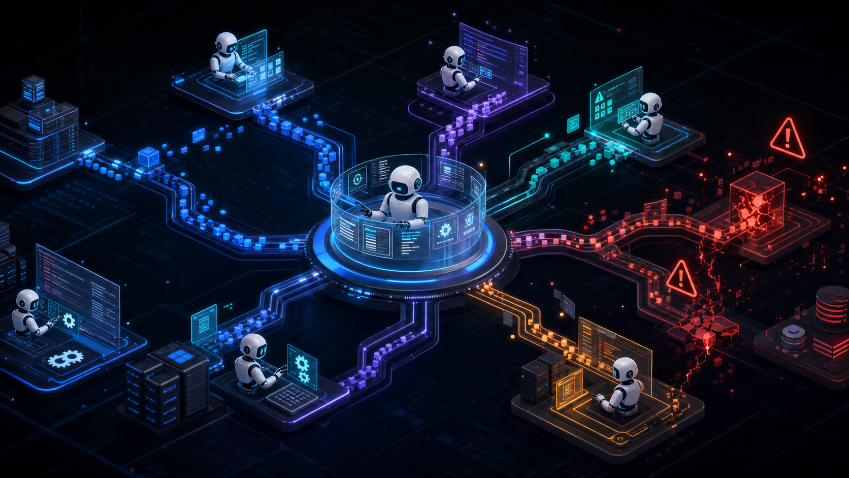 A modern, technical illustration showing autonomous AI agents or robots working on multiple interconnected systems simultaneously. Visual elements should suggest automation, data flow, and system processes happening without human oversight. Include subtle visual cues of potential risks or unintended consequences - like branching pathways, alert indicators, or cascading effects. Professional, clean design with a dark or neutral color scheme suitable for a developer-focused technical blog. No text, labels, or words.