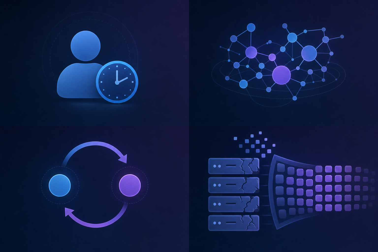 A technical illustration showing four distinct bottlenecks or constraints in a review workflow system. Visualize: 1) a single reviewer icon with a clock showing fixed time capacity, 2) interconnected nodes representing accumulated context and knowledge over time, 3) circular feedback arrows between two points showing latency loops, 4) outdated legacy tools or infrastructure struggling with high-volume queues. Use a clean, modern, technical aesthetic with blues and purples. Abstract, minimalist design showing constraints and limitations in a system. No text, words, or letters.