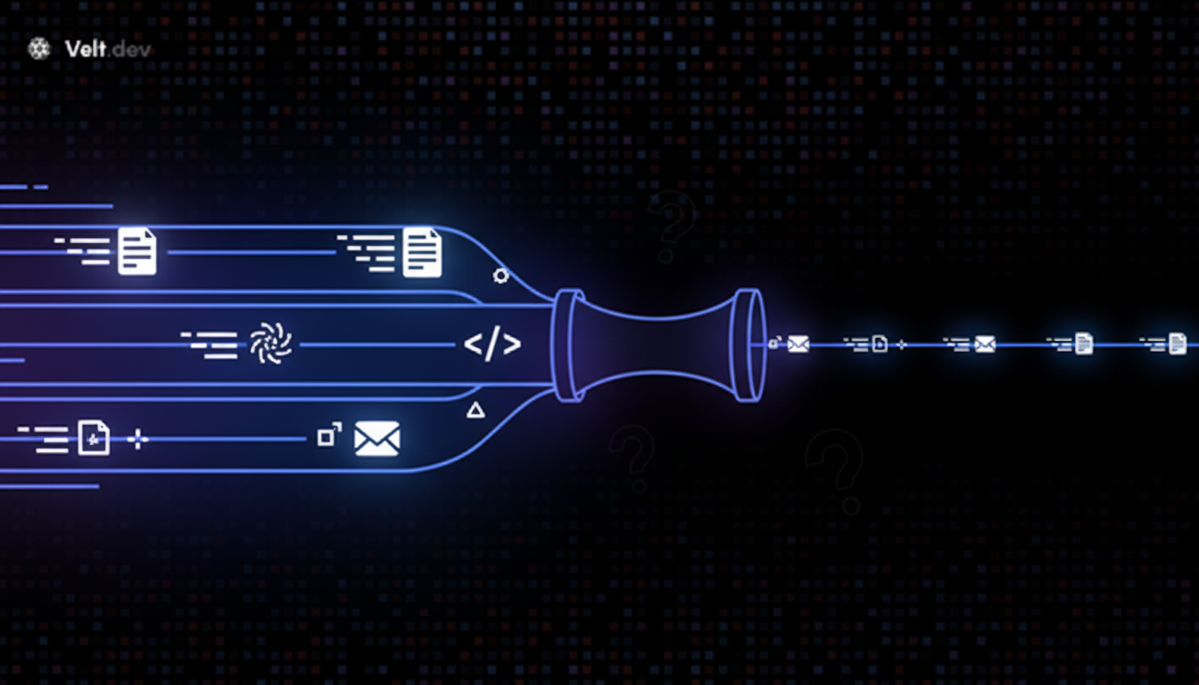 A clean, modern illustration showing a bottleneck concept in a workflow. On the left side, multiple fast-moving streams or conveyor belts carrying documents, code files, and digital content flow rapidly. These streams funnel into a narrow bottleneck in the center. On the right side of the bottleneck, only a single slow stream emerges. The style should be minimalist and technical, using blues, purples, and whites. The image should convey the idea of high-volume input being constrained by a narrow review process. No text or letters should appear in the image.