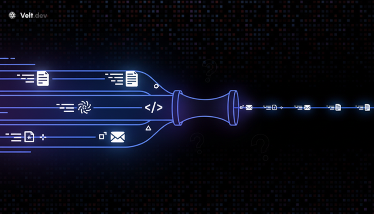 A clean, modern illustration showing a bottleneck concept in a workflow. On the left side, multiple fast-moving streams or conveyor belts carrying documents, code files, and digital content flow rapidly. These streams funnel into a narrow bottleneck in the center. On the right side of the bottleneck, only a single slow stream emerges. The style should be minimalist and technical, using blues, purples, and whites. The image should convey the idea of high-volume input being constrained by a narrow review process. No text or letters should appear in the image.