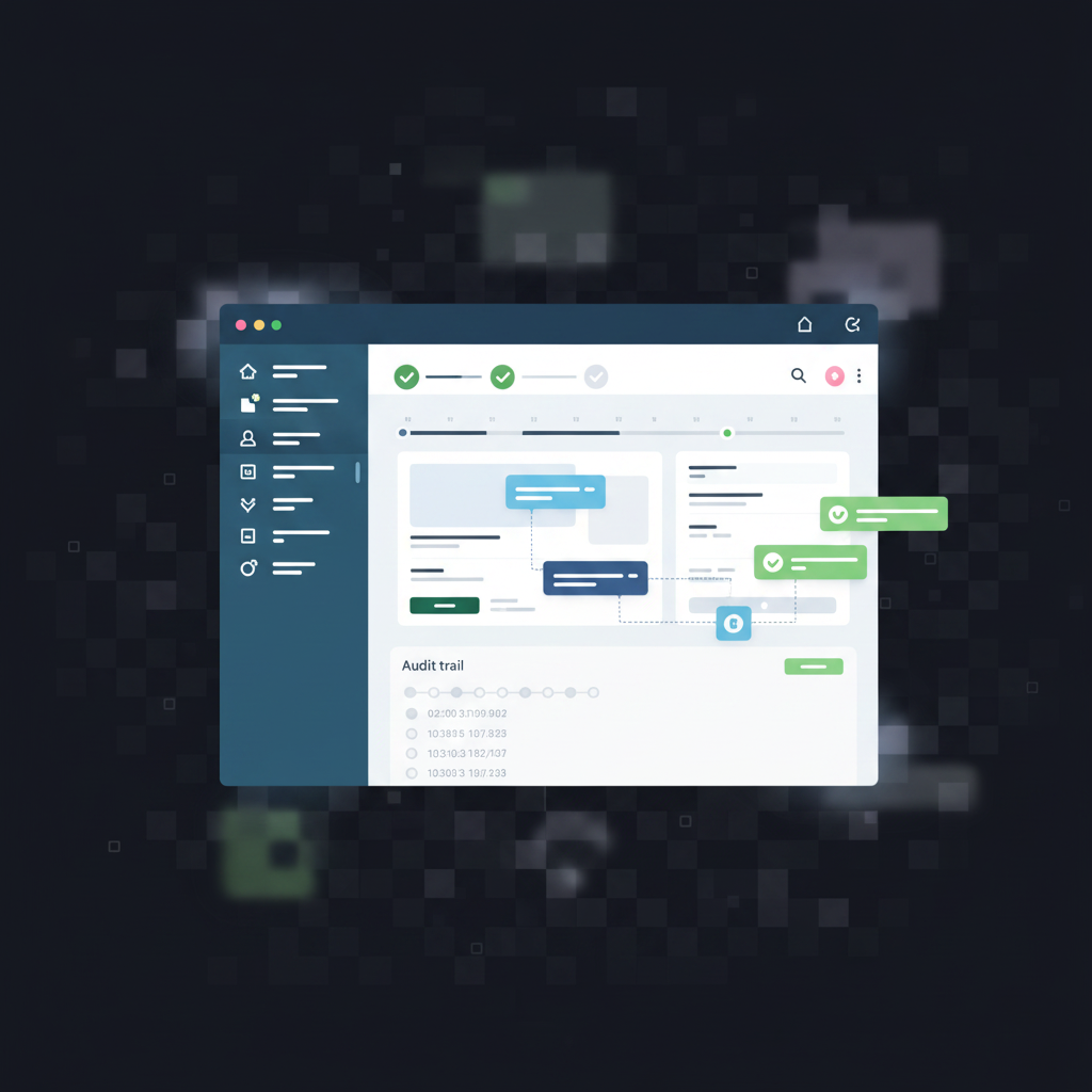 A modern, clean illustration showing review and approval infrastructure embedded directly into a software product interface. Visualize a sleek application workspace with contextual comment bubbles anchored to specific UI elements, approval checkmarks flowing through a structured workflow, and audit trail timestamps creating a visual paper trail. Show the contrast between scattered external tools (faded in background) versus integrated review infrastructure (prominent in foreground). Use a professional color palette with blues, greens, and neutral tones. The composition should convey organization, structure, and seamless integration. Modern SaaS aesthetic with clean lines and minimal design.