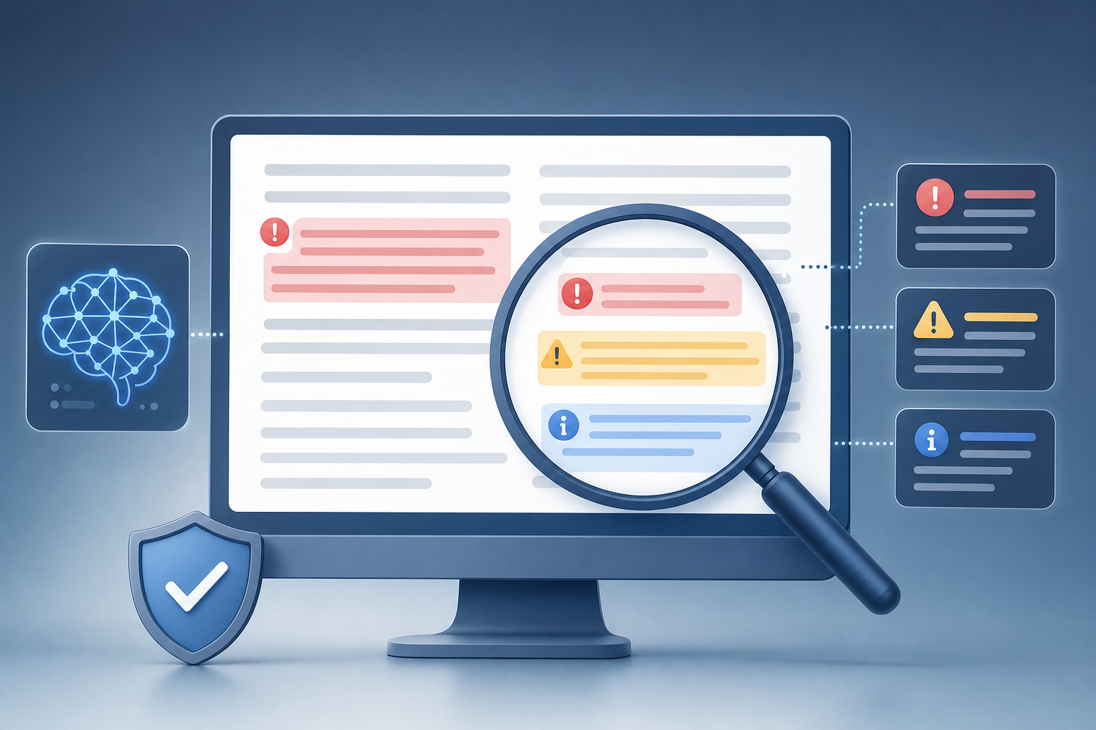 A professional illustration showing AI-generated content being reviewed for errors. Depict a computer screen displaying document text with various highlighted sections indicating different types of errors: factual mistakes, tone issues, and missing information. A magnifying glass or review lens hovering over the content, revealing error markers. Clean, modern tech illustration style with blues and grays, minimal design, no text or letters visible.