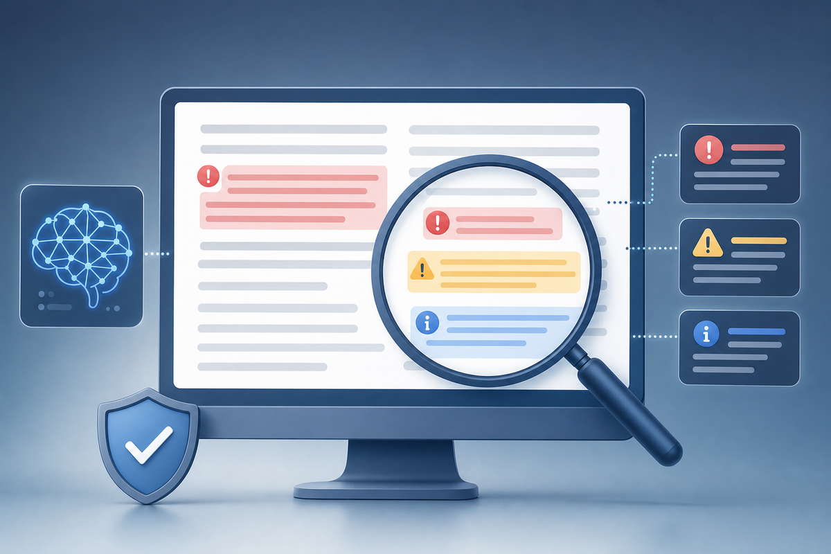 A professional illustration showing AI-generated content being reviewed for errors. Depict a computer screen displaying document text with various highlighted sections indicating different types of errors: factual mistakes, tone issues, and missing information. A magnifying glass or review lens hovering over the content, revealing error markers. Clean, modern tech illustration style with blues and grays, minimal design, no text or letters visible.