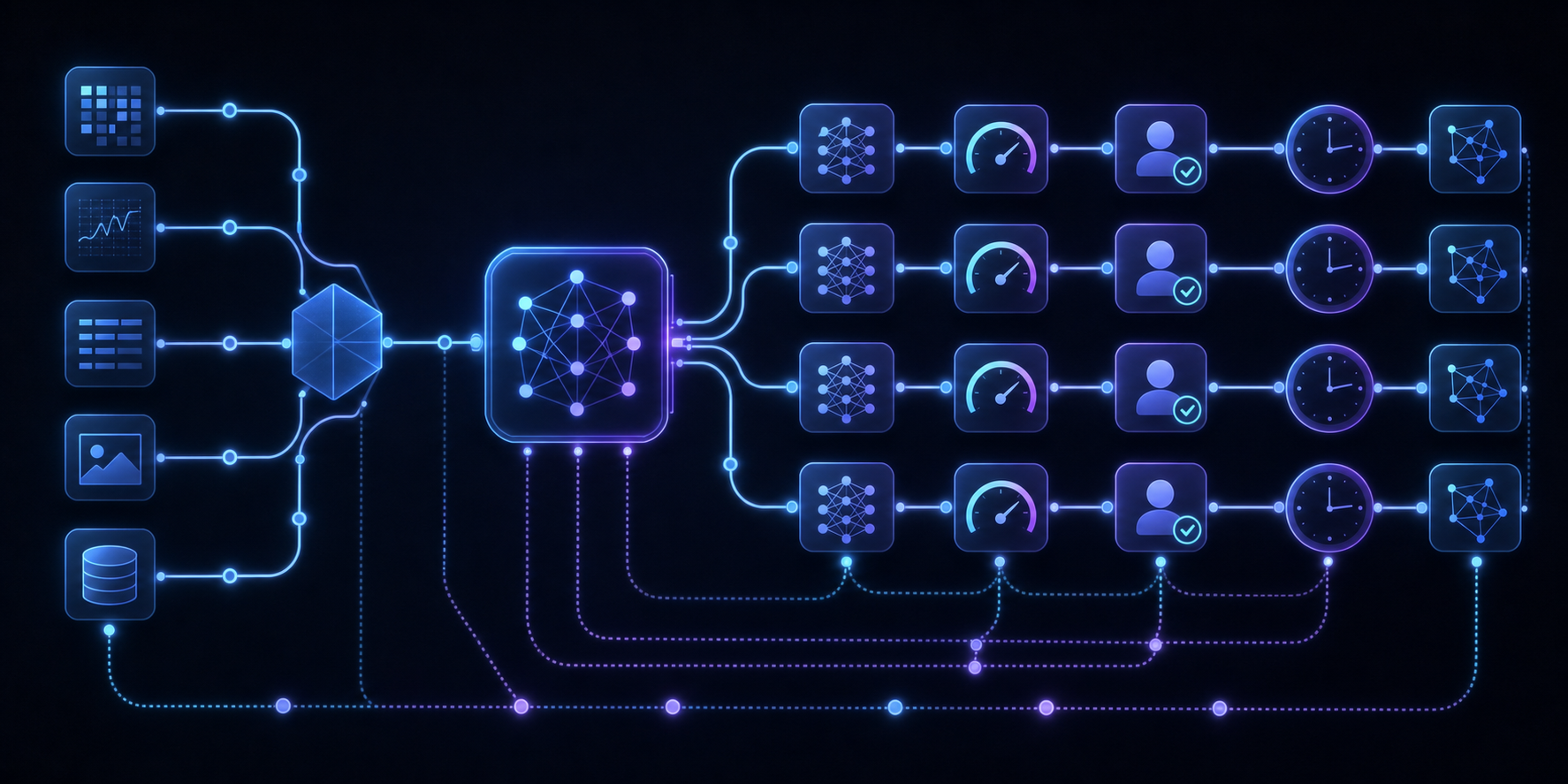 A technical diagram showing the flow of an AI audit trail system. Visualize interconnected nodes representing: data inputs flowing into a machine learning model, model version tracking, confidence score meters, human reviewer checkpoints, timestamp clocks, and data lineage paths. Use a clean, modern tech aesthetic with blues and purples, showing the chronological flow from left to right. Abstract, geometric style with glowing connection lines between components. No text or labels.