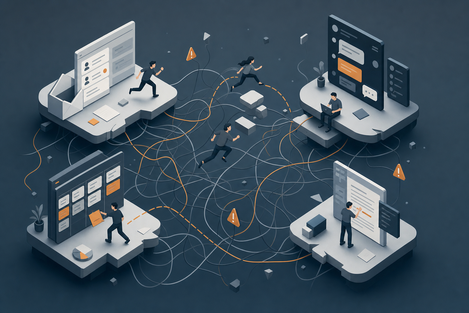 A minimalist isometric illustration showing fragmented workflow chaos: multiple disconnected platforms (email inbox, chat application, project management board, document editor) floating as separate islands with tiny figures jumping between them, tangled connection lines creating a web of complexity, muted professional color palette of grays and blues with accent orange highlighting the friction points, clean modern style, no text or labels