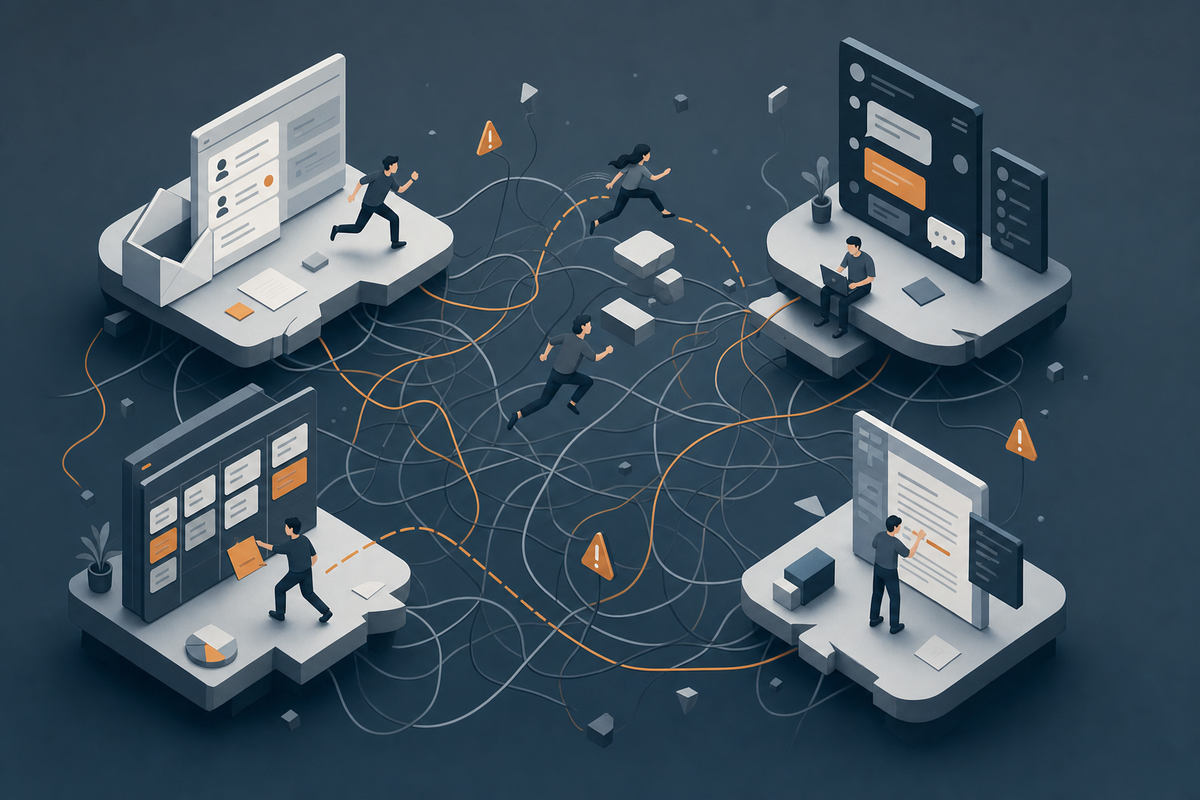 A minimalist isometric illustration showing fragmented workflow chaos: multiple disconnected platforms (email inbox, chat application, project management board, document editor) floating as separate islands with tiny figures jumping between them, tangled connection lines creating a web of complexity, muted professional color palette of grays and blues with accent orange highlighting the friction points, clean modern style, no text or labels