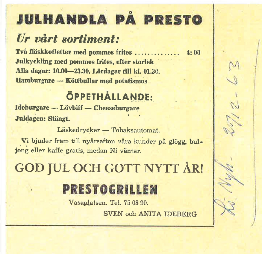 Annons från Lidingö Nyheter, 27/12 1963. Erhållit från Lidingö Stadsarkiv. Annons från Lidingö Nyheter, 27/12 1963.