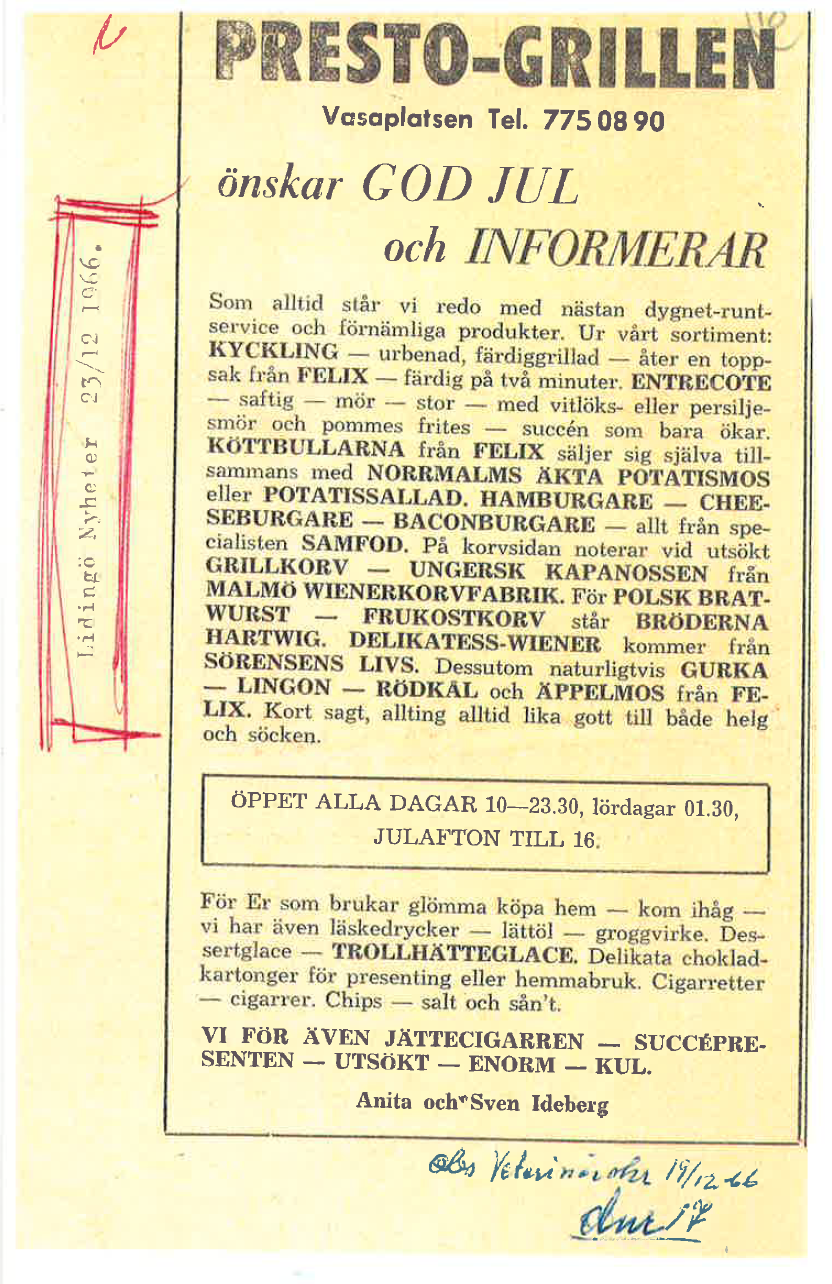 Annons från Lidingö Nyheter, 23/12 1966. Erhållit från Lidingö Stadsarkiv. Annons från Lidingö Nyheter, 23/12 1966