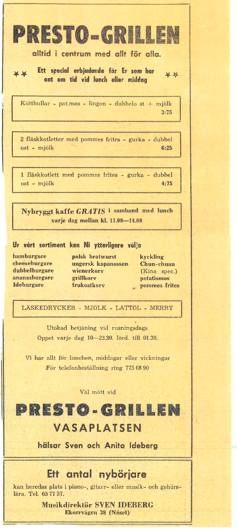 Annons från Lidingö Nyheter, okänt årtal.