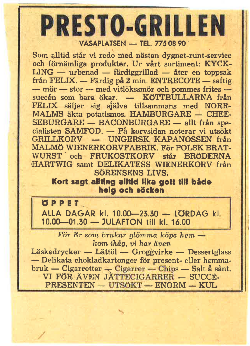 Annons från Lidingö Nyheter, okänt årtal (work in progress). Erhållit från Lidingö Stadsarkiv. Annons från Lidingö Nyheter, okänt årtal (work in progress)