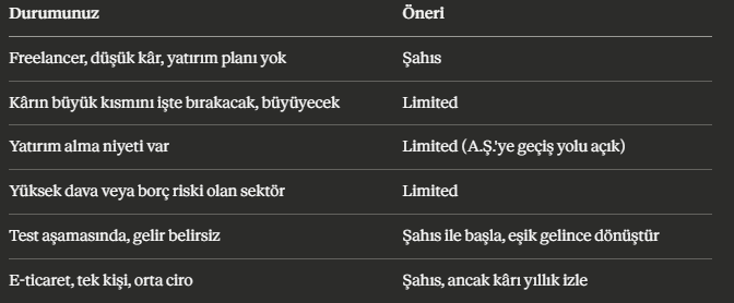 Şirket türü seçimi için durum bazlı karar tablosu