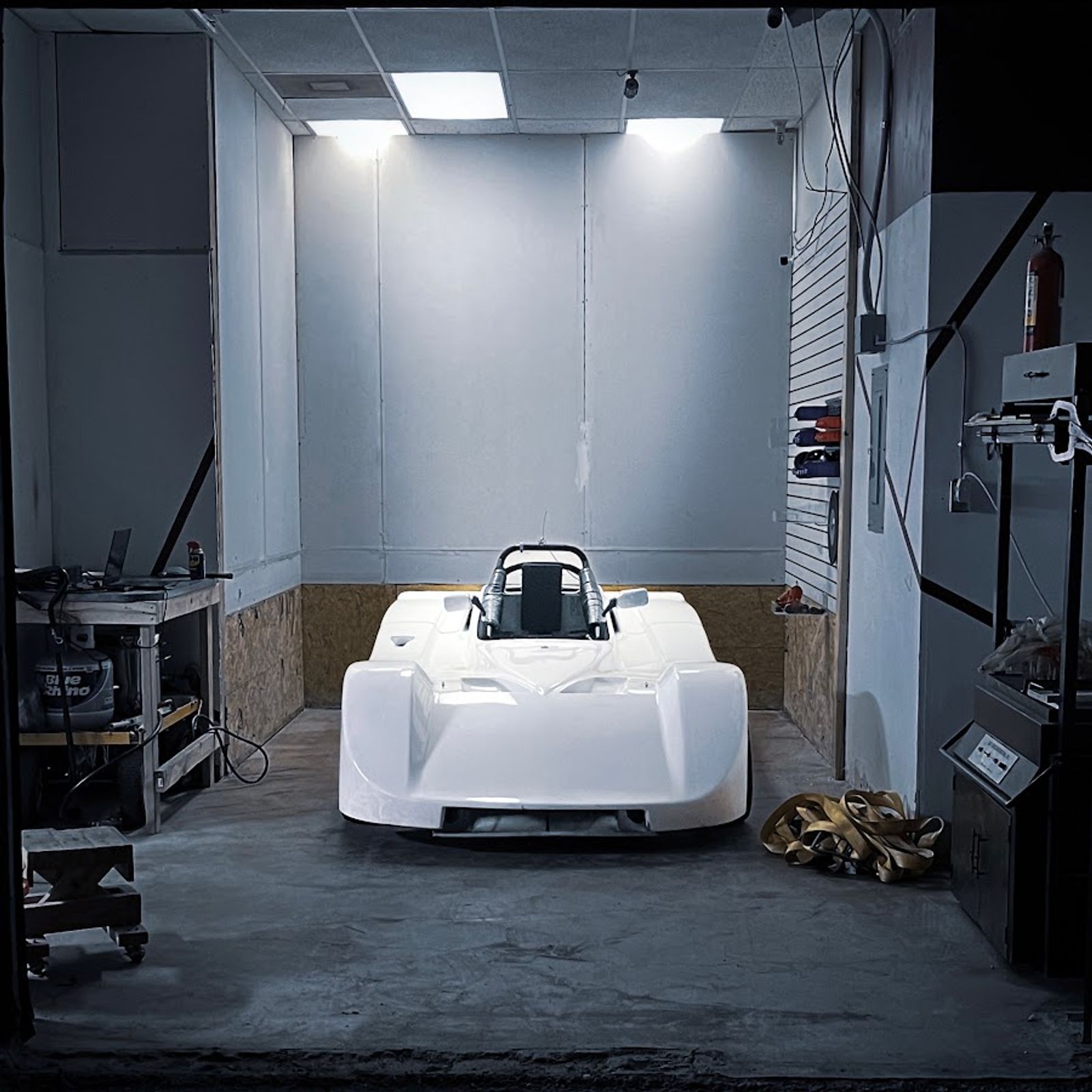 The SCCA hybrid race car in the shop