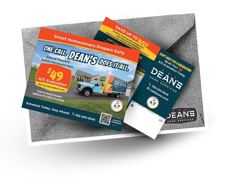 Dean’s Home Services direct mail postcards: a $49 A/C evaluation offer and a save-up-to-$1,700 system replacement mailer