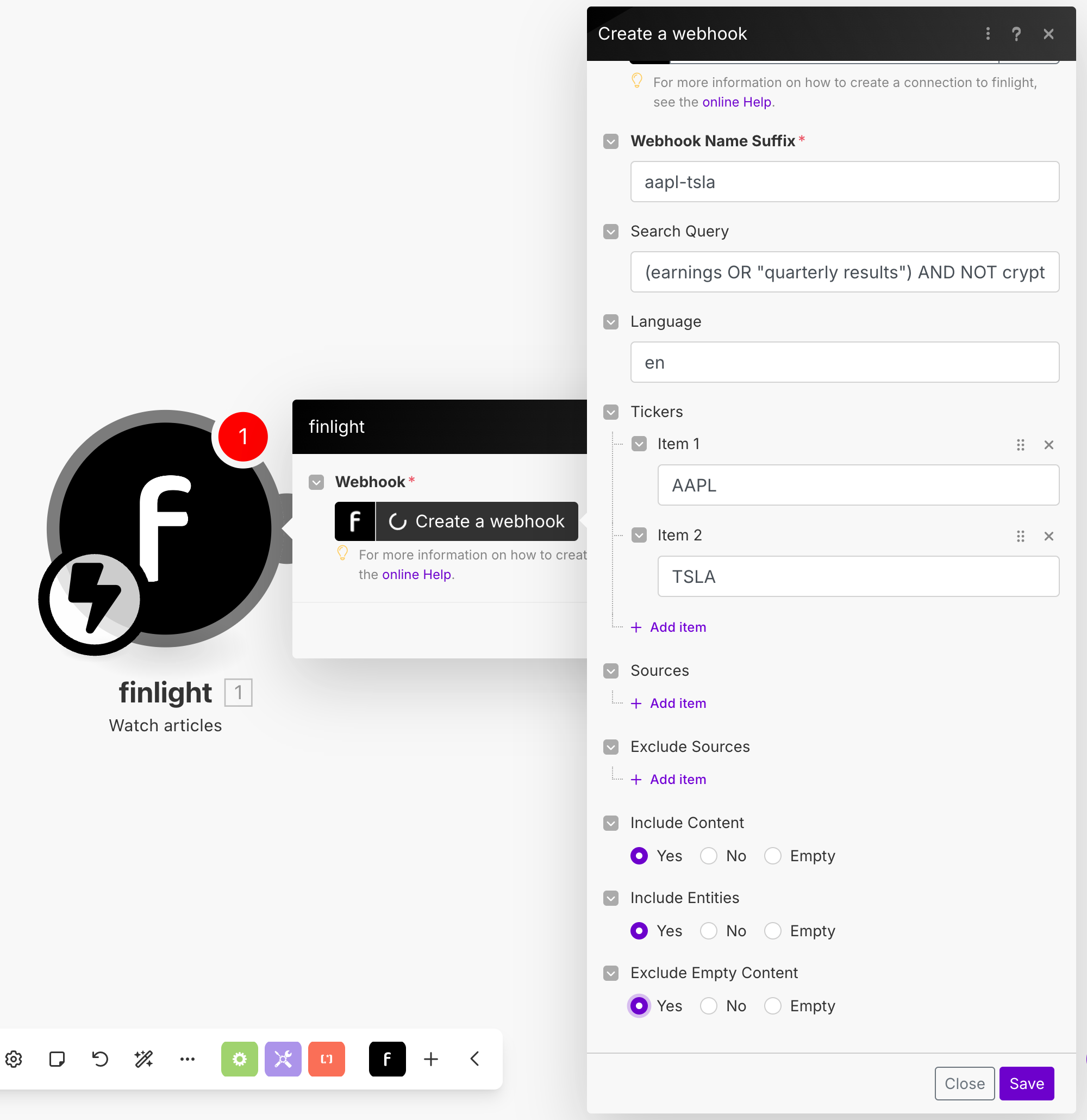 Finlight node in Make.com for Tesla and Apple breaking news alert
