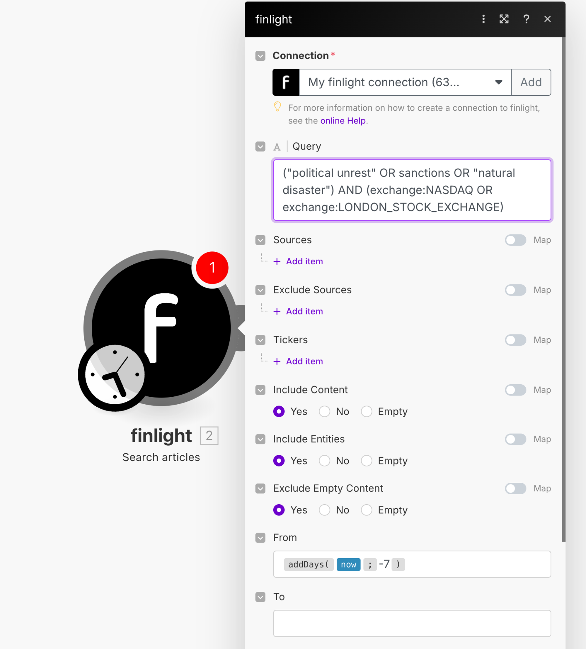 Finlight node in Make.com for weekly market trends report