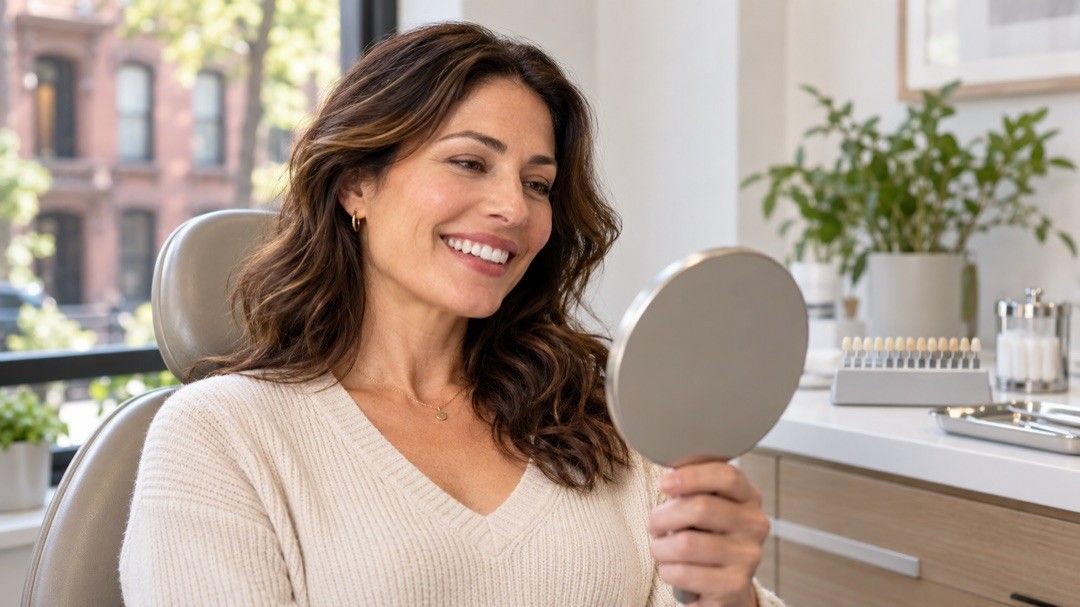 Woman checking her new smile in a hand mirror in the dental chair