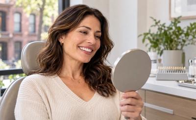 Woman checking her new smile in a hand mirror in the dental chair