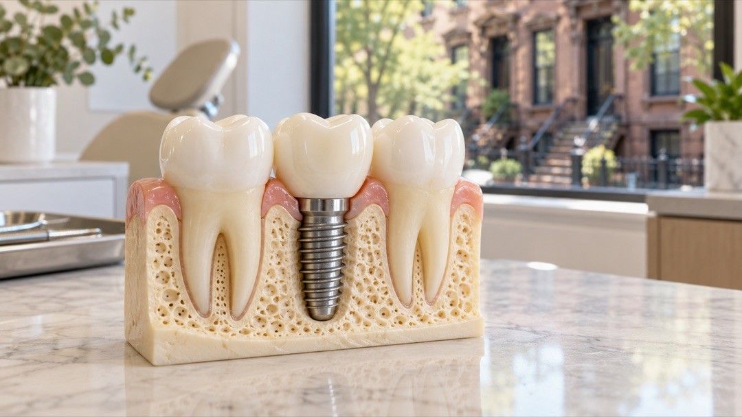 Model of a dental implant between two natural teeth