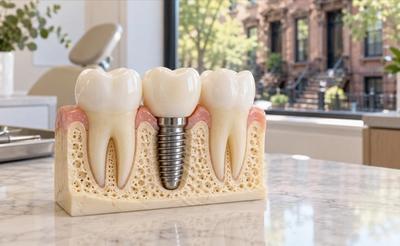 Model of a dental implant between two natural teeth
