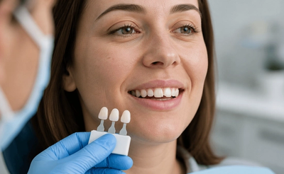 Dentist matching a tooth shade guide to a patient's smile