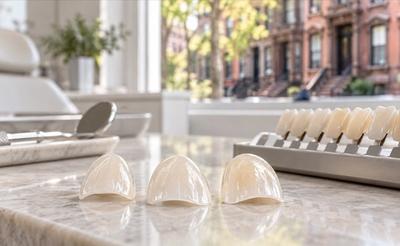 Porcelain veneers next to a shade guide on a dental counter