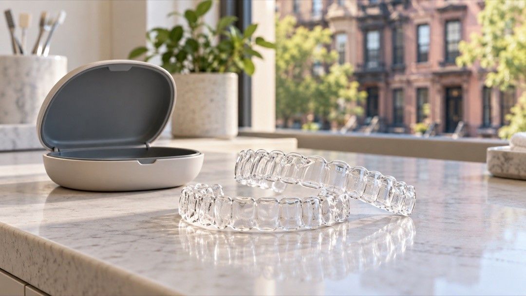 Clear aligners next to their case on a dental counter