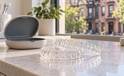 Clear aligners next to their case on a dental counter