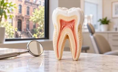 Model of a tooth showing the nerve and root canals