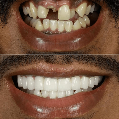 Before and after close-up: missing front tooth and gaps restored with porcelain