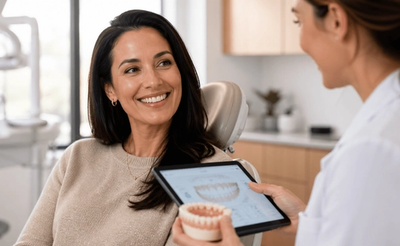 Patient looking at a digital smile design on a tablet with her dentist