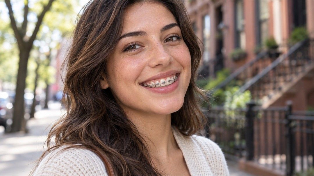 Young woman smiling with braces on a Brooklyn street