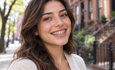 Young woman smiling with braces on a Brooklyn street