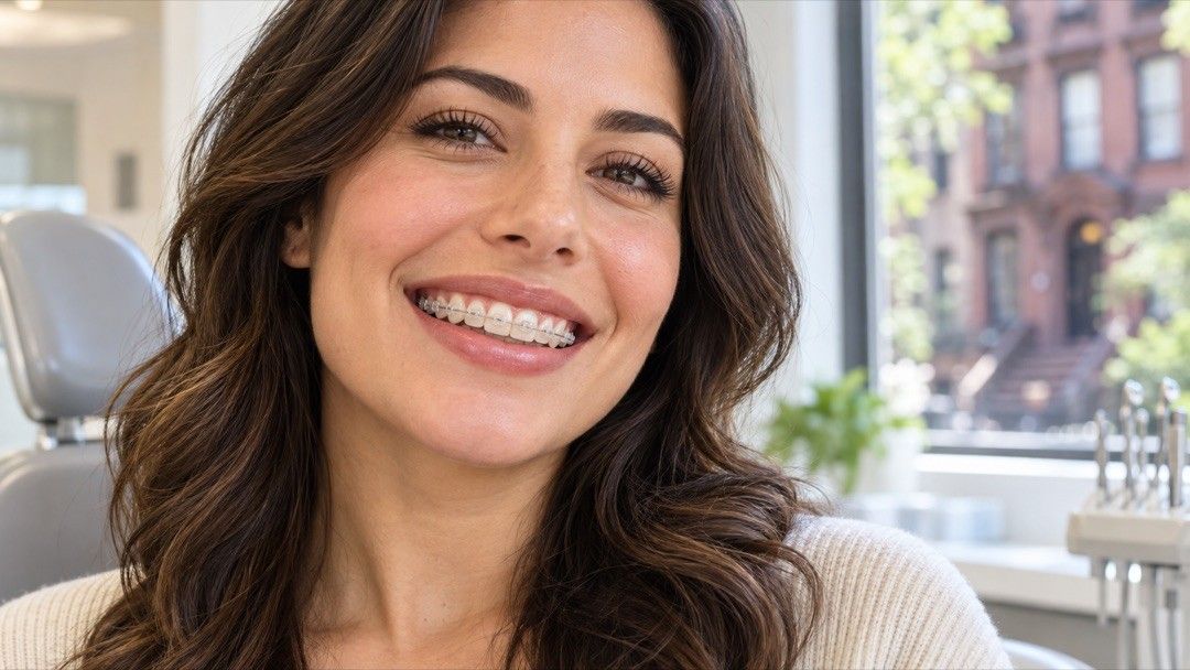 Smiling woman with clear ceramic braces