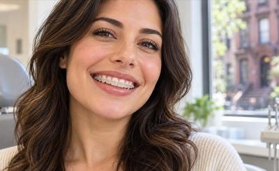 Smiling woman with clear ceramic braces