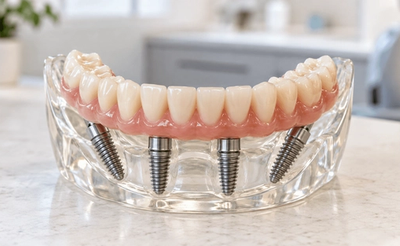 Full arch of All-on-4 implant teeth on a model at Bensonhurst Dental Care in Brooklyn
